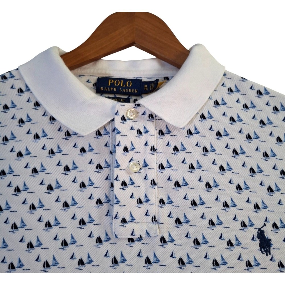 Polo Ralph Lauren Polo Shirt Men's XL White Sailboat Classic Fit Nautical Print